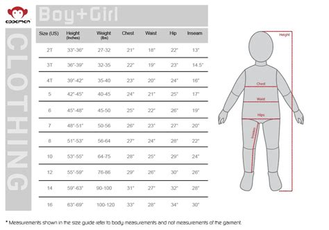 sports wear for kids size chart